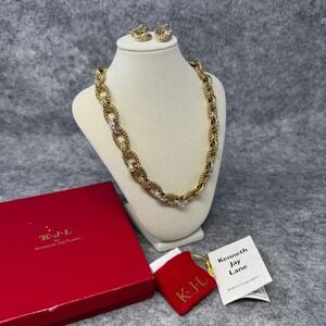KJL Kenneth Jay Lane Plaza Links Crystal Rope Link Necklace & Earrings Set Vtg